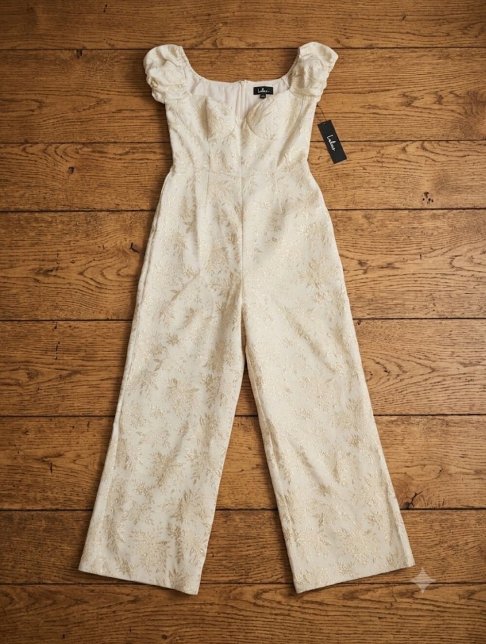 Lulu's Cream & Gold Brocade Wide-Leg Jumpsuit